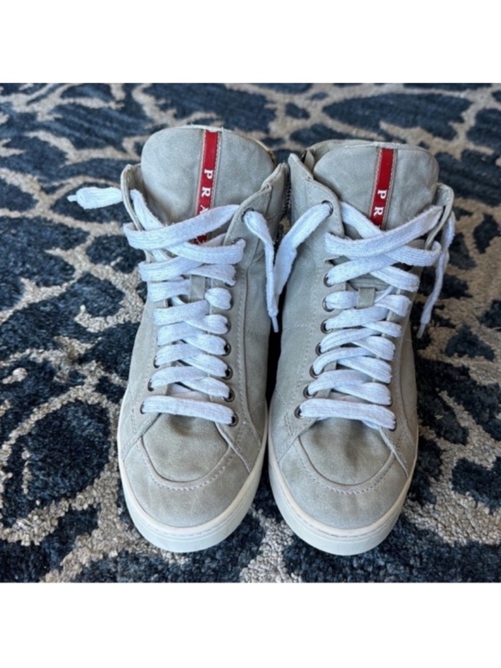 Prada Suede Leather High Top Sneakers Sz 6/36.5 Gray Logo Lace up Side Zipper - Picture 2 of 15